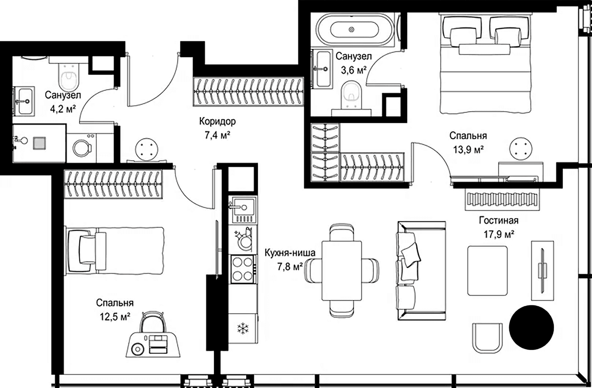 Планировка: Евротрёшка 67,3 м² в ЖК «Слава»
