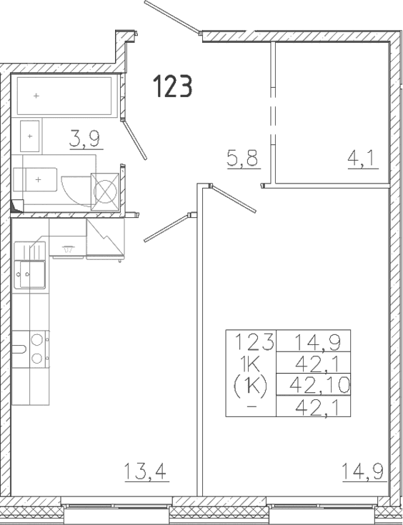 Планировка: 1-комнатная квартира 42,1 м² в ЖК «Лисино»