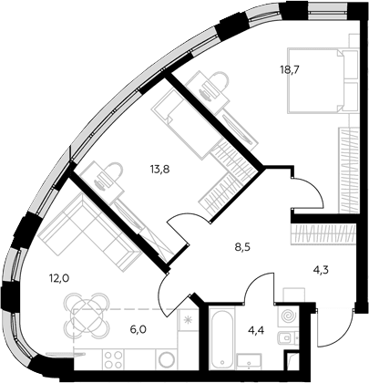 Планировка: Евротрёшка 67,7 м² в ЖК «Адмирал»