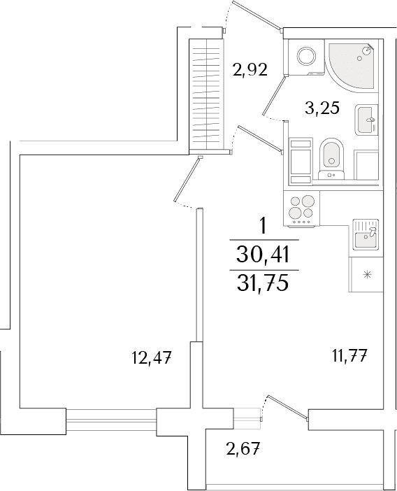 Планировка: 1-комнатная квартира 30,4 м² в ЖК «Кинопарк»