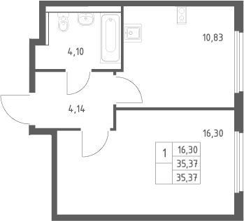 Планировка: 1-комнатная квартира 35,4 м² в ЖК «Пригород Лесное»