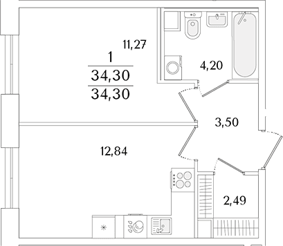 Планировка: Евродвушка 34,3 м² в ЖК «Кинопарк»