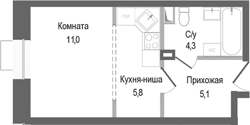 Планировка: Студия 26,2 м² в ЖК «Киноквартал»
