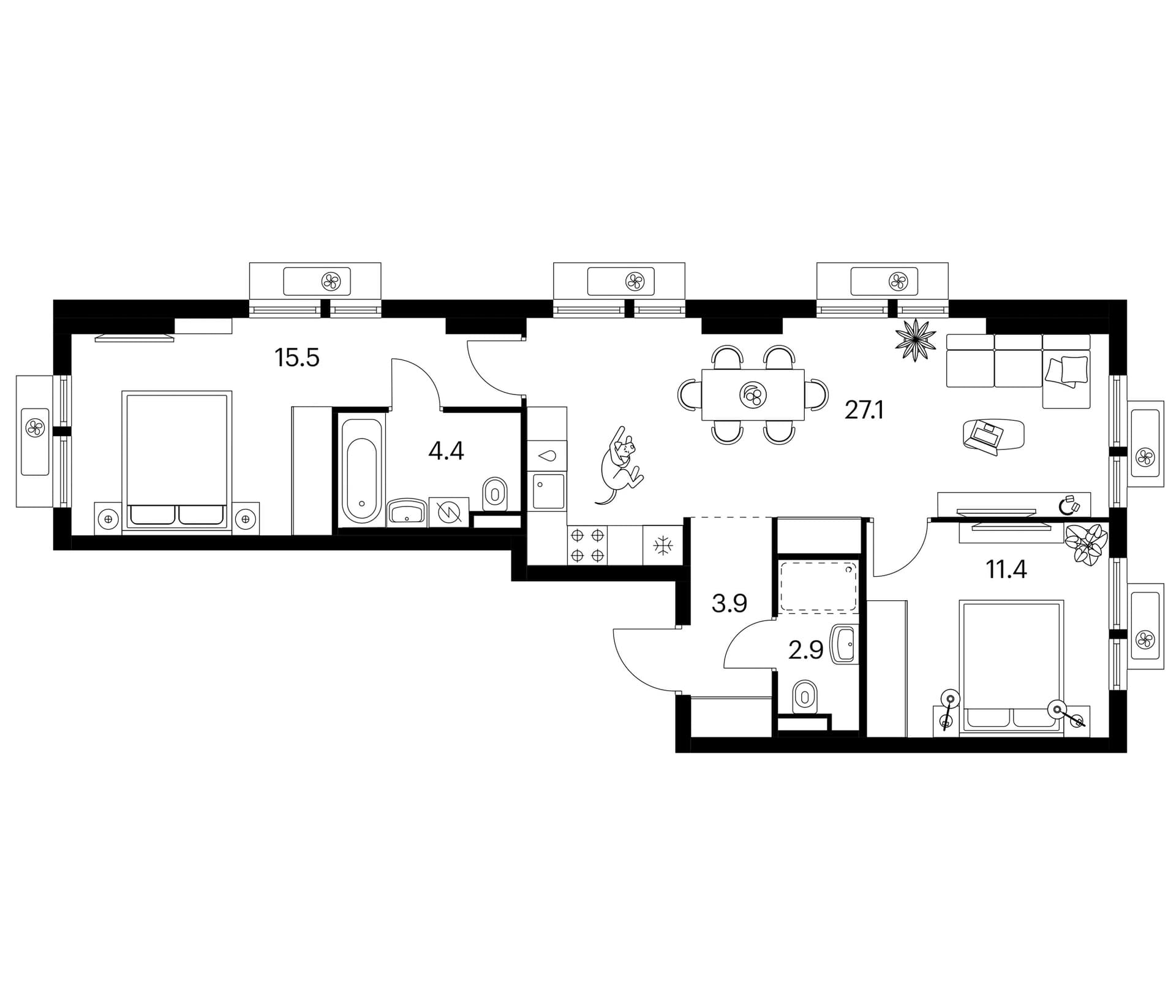 Планировка: 2-комнатная квартира 65,2 м² в ЖК «Белая Дача парк»
