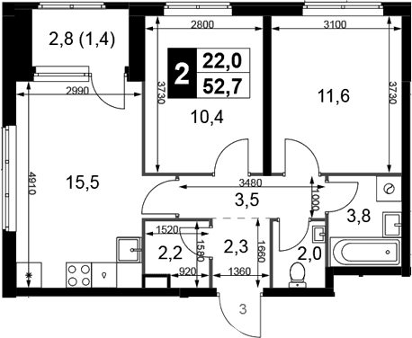 Планировка: Евротрёшка 51,3 м² в ЖК «1-й Химкинский»