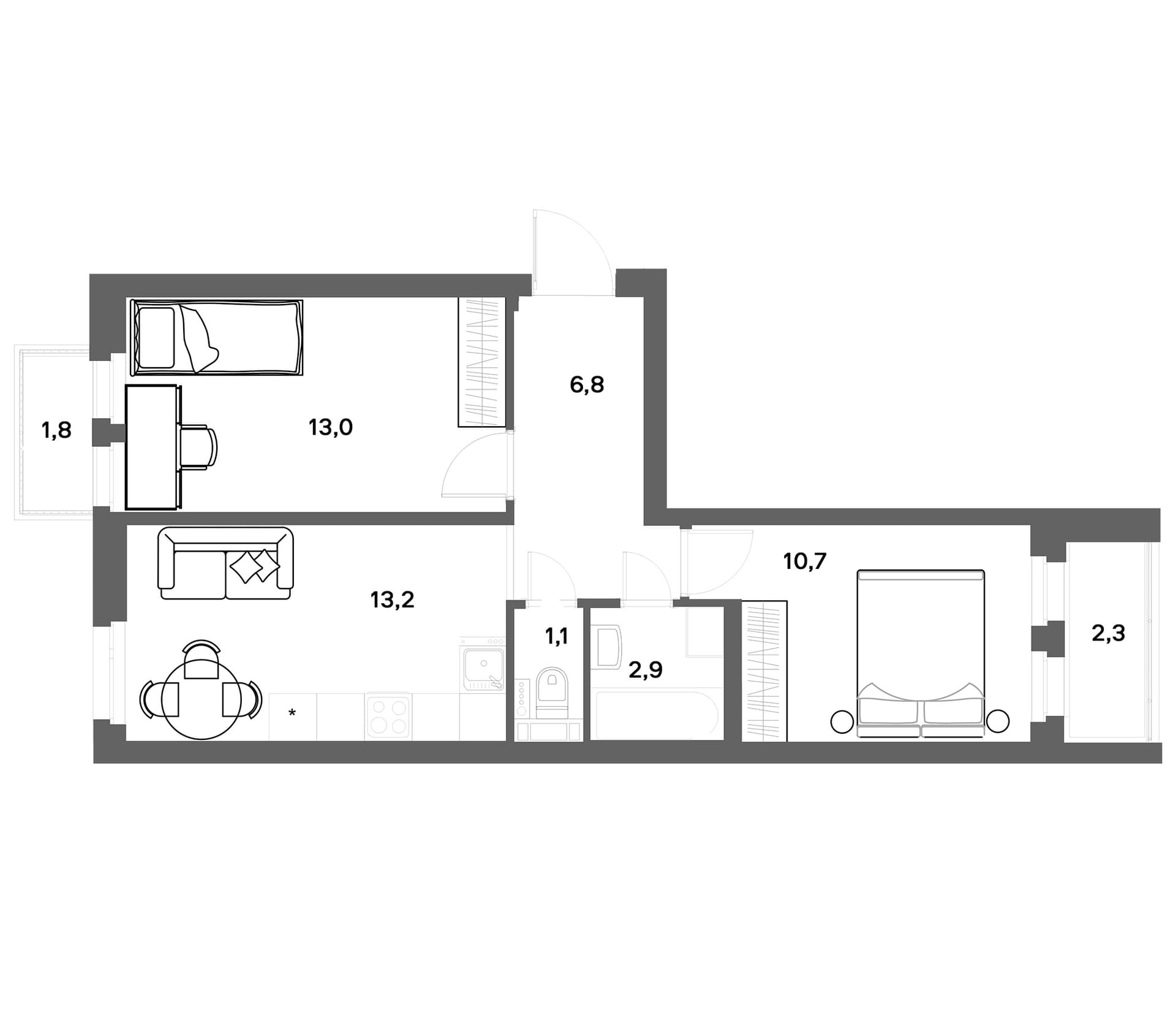 Планировка: 2-комнатная квартира 47,7 м² в ЖК «ЭкоКвартал НЕГА»