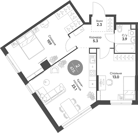 Планировка: Евротрёшка 67,5 м² в ЖК «Соколинн Парк»