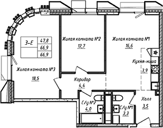 Планировка: Евротрёшка 66,9 м² в ЖК «УНО.Соколиная гора»