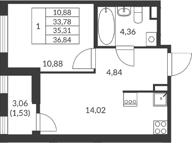 Планировка: 1-комнатная квартира 33,8 м² в ЖК «Амурино»