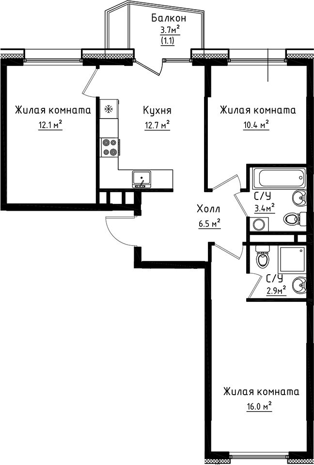 3-комнатная квартира