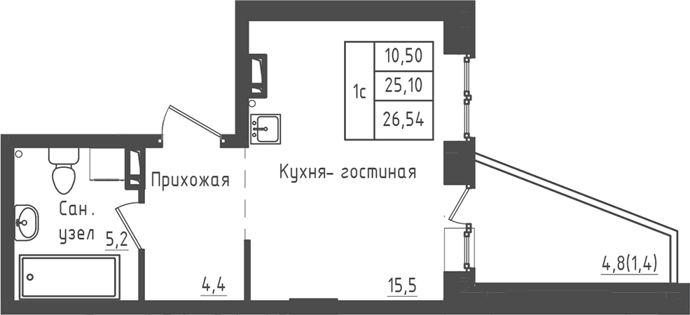 Планировка: Студия 25,1 м² в ЖК «Зеленый город»