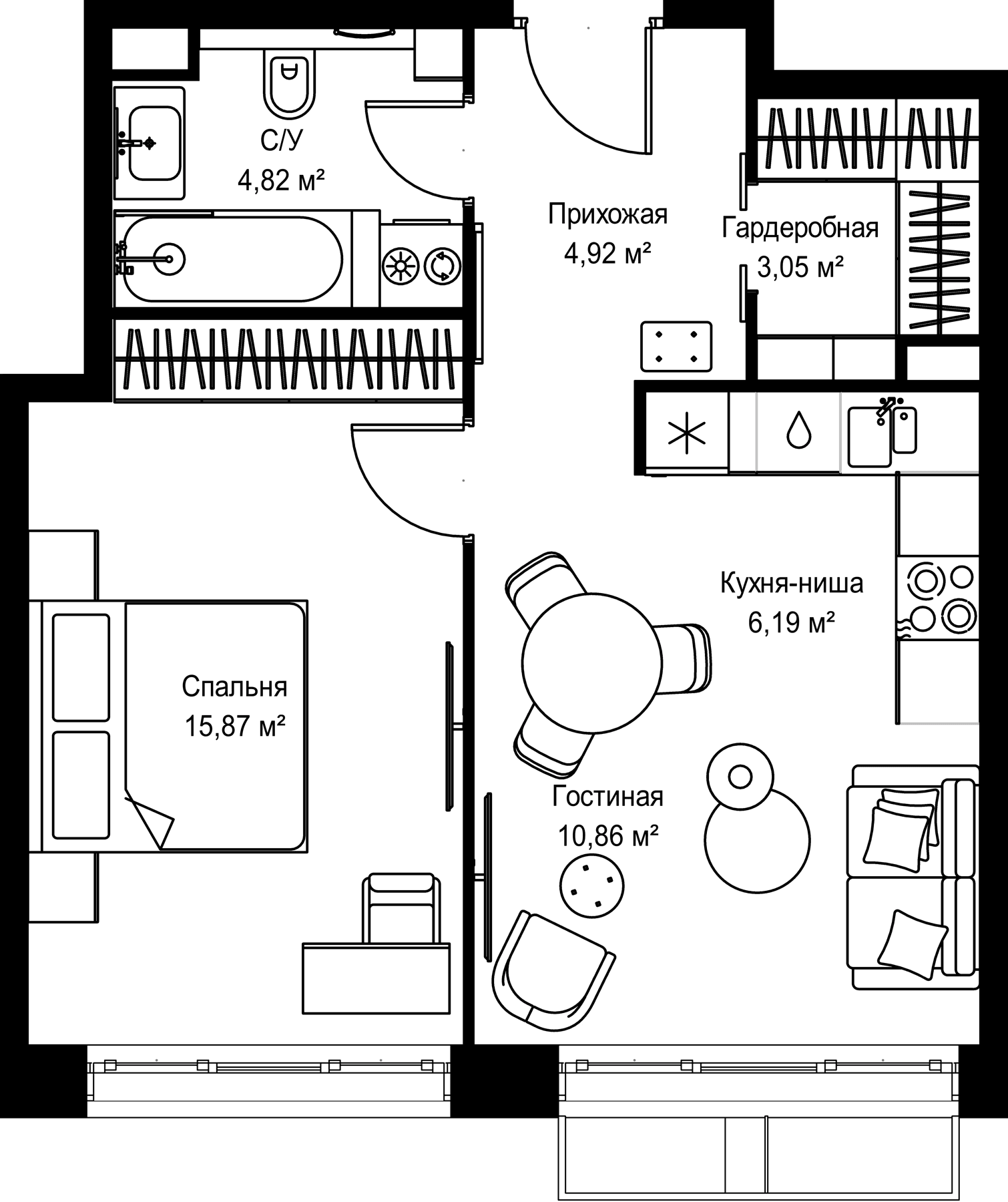Планировка: Евродвушка 45,7 м² в ЖК «МЫС»