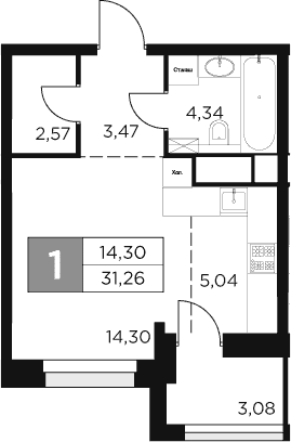 Планировка: Студия 29,7 м² в ЖК «Восток 2»
