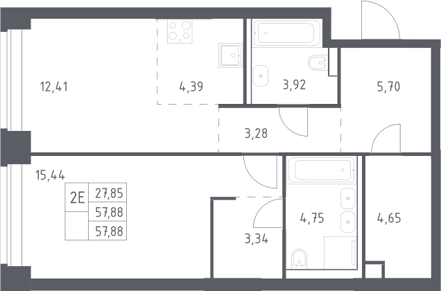 Планировка: Евродвушка 57,9 м² в ЖК «НОВА»