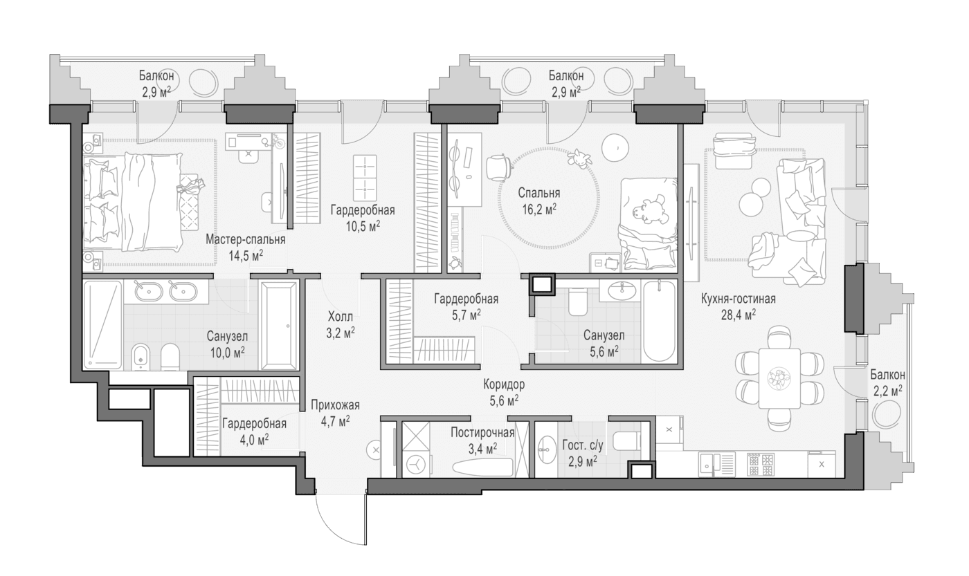 Планировка: Евротрёшка 114,8 м² в ЖК «Квартал Тишинский бульвар»