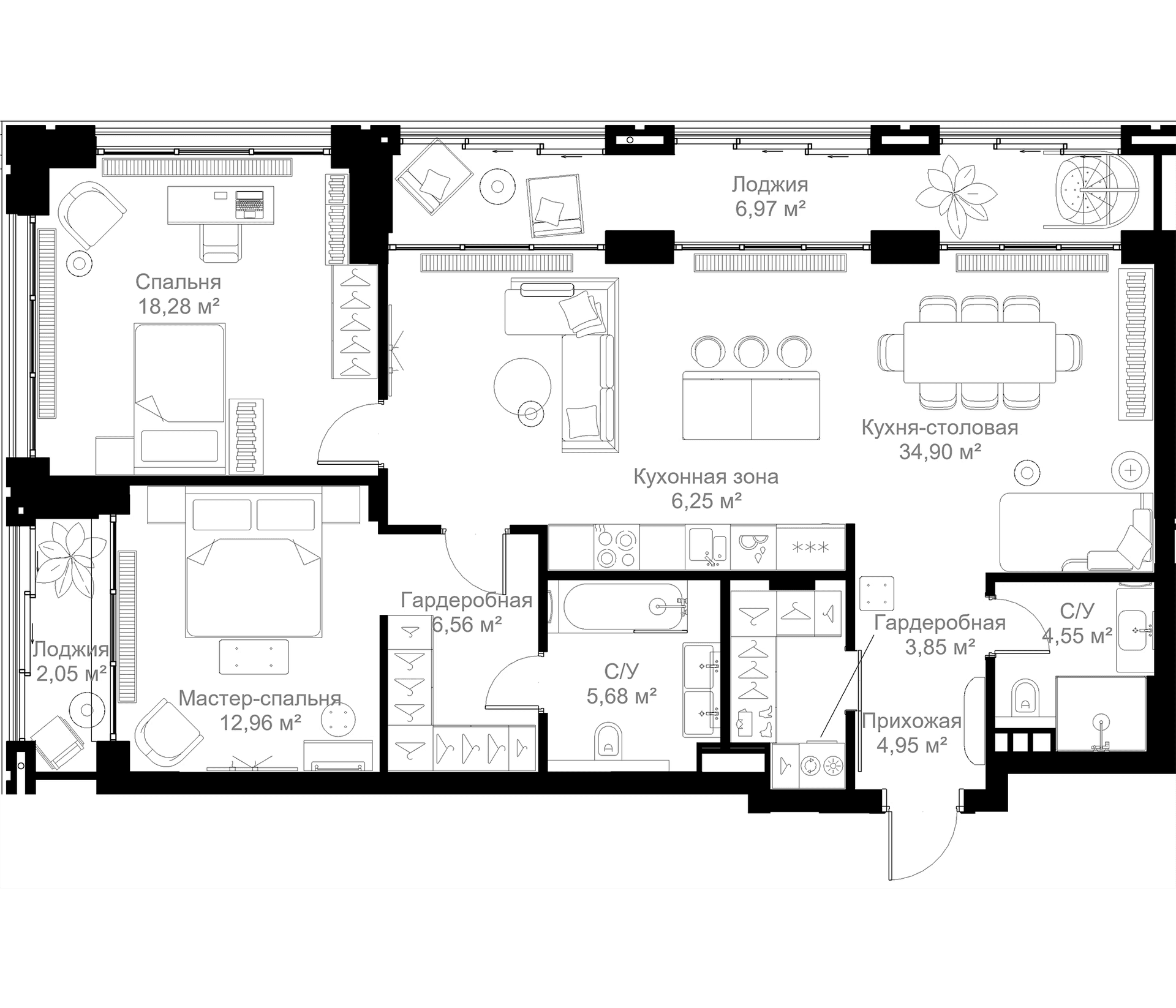 Планировка: 2-комнатная квартира 98 м² в ЖК «МЫС»