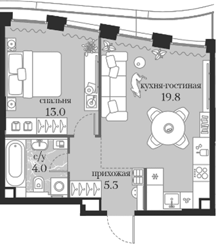 Планировка: 1-комнатная квартира 42,1 м² в ЖК «Муза»