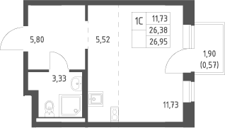 Планировка: Студия 26,4 м² в ЖК «Новое Видное»