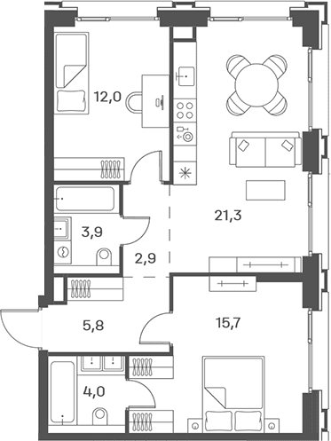 Планировка: Евротрёшка 65,6 м² в ЖК «Портленд»