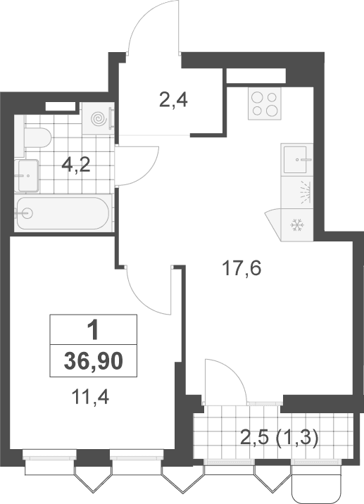 Планировка: Евродвушка 35,6 м² в ЖК «Деснаречье»
