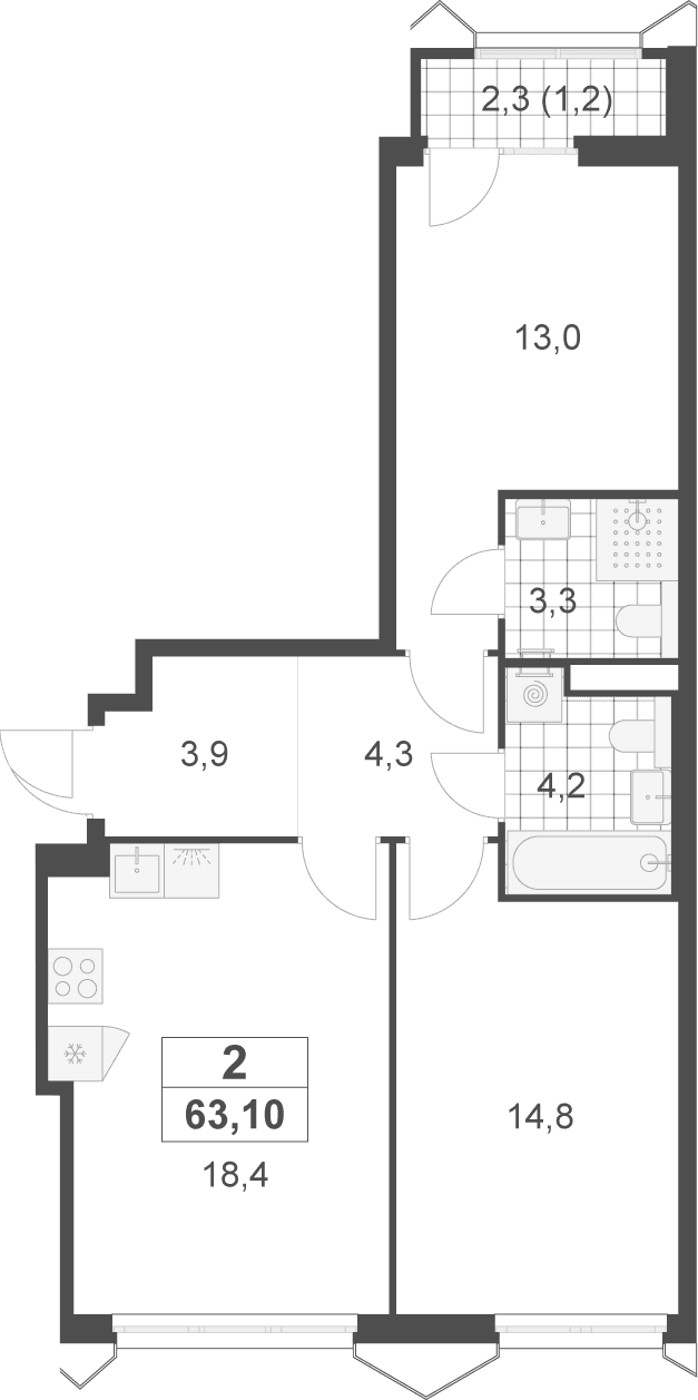 Планировка: Евротрёшка 61,9 м² в ЖК «Деснаречье»
