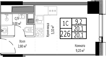 Планировка: Студия 20,1 м² в ЖК «Мираполис»