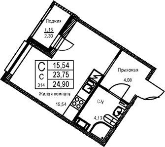 Планировка: Студия 23,8 м² в ЖК «ID Kudrovo II»