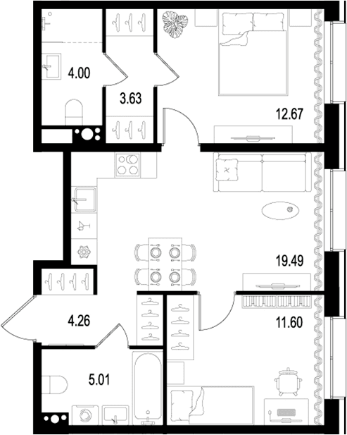 Планировка: Евротрёшка 60,7 м² в ЖК «Остров Первых»