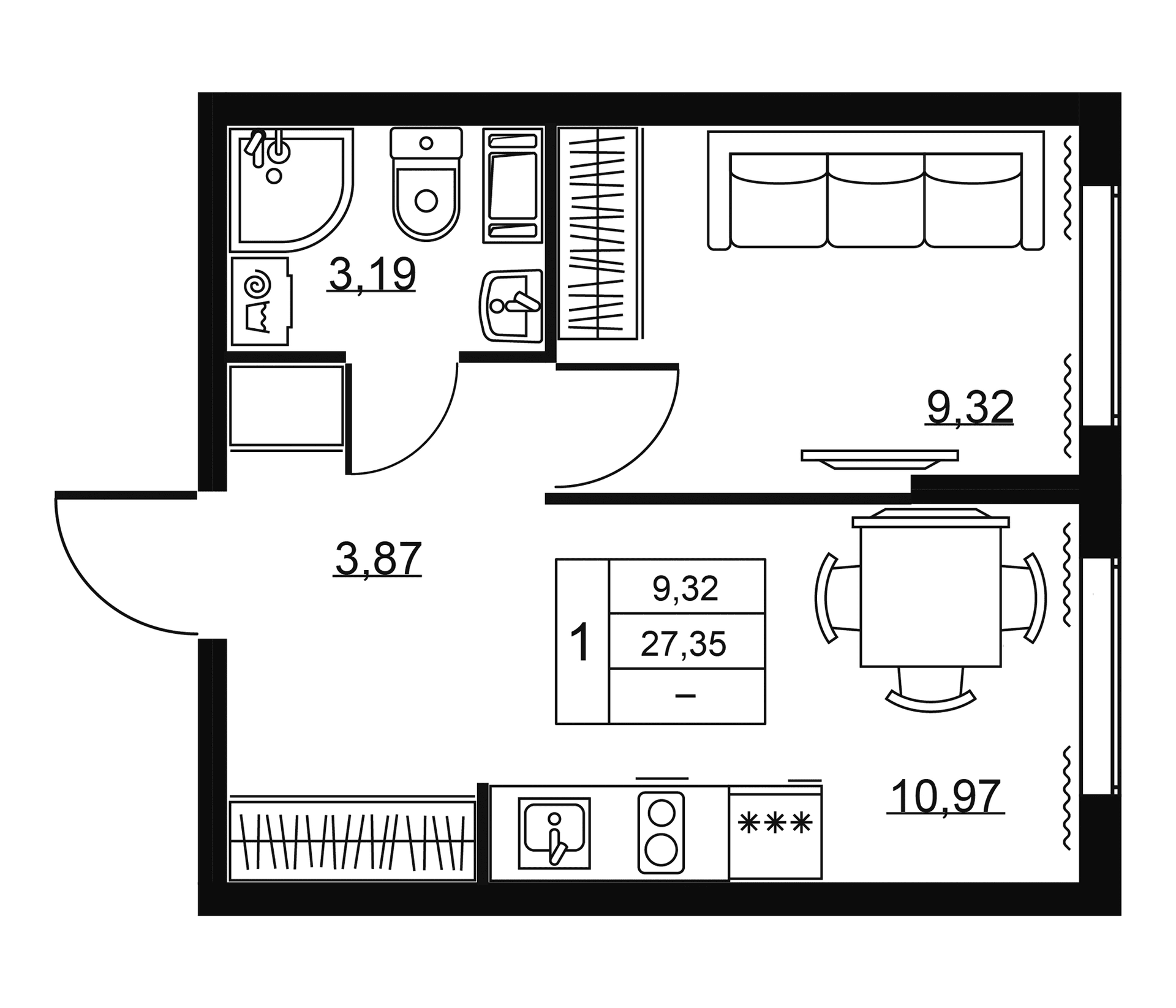 Планировка: 1-комнатная квартира 27,4 м² в ЖК «Пулковское, 34»