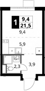 Планировка: Студия 21,5 м² в ЖК «1-й Донской»