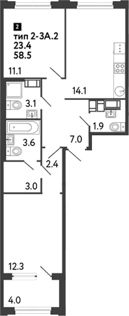 Планировка: 2-комнатная квартира 58,5 м² в ЖК «Струны»