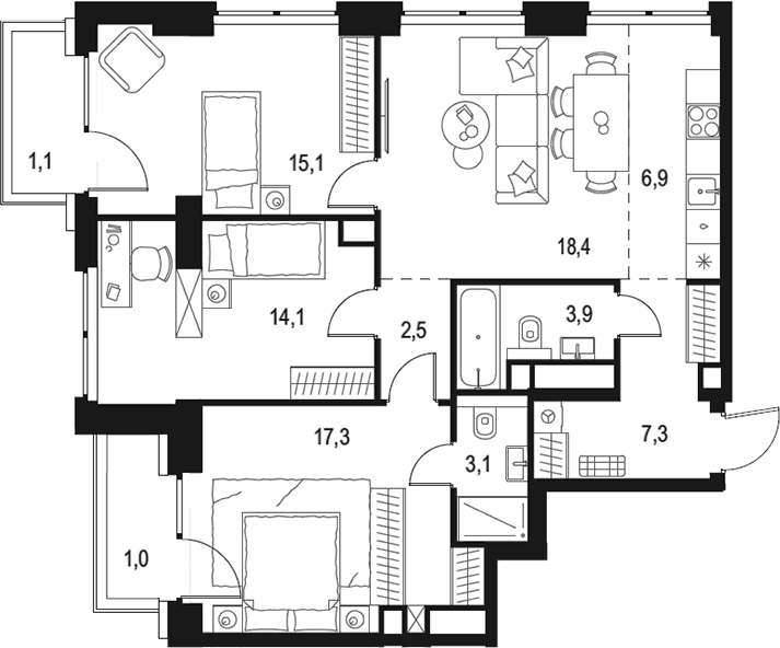 Планировка: Квартира евро-4 88,6 м² в ЖК «Левел Звенигородская»