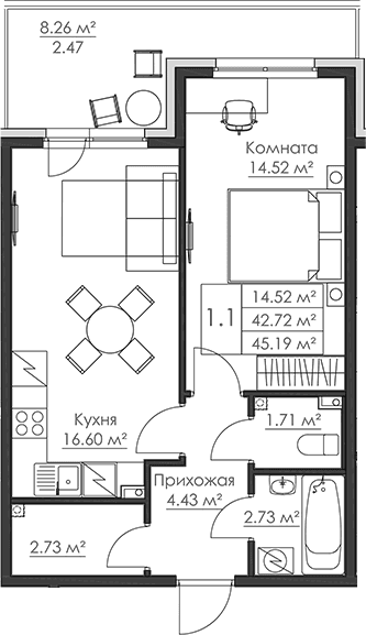 Планировка: Евродвушка 42,7 м² в ЖК «Малая Финляндия»