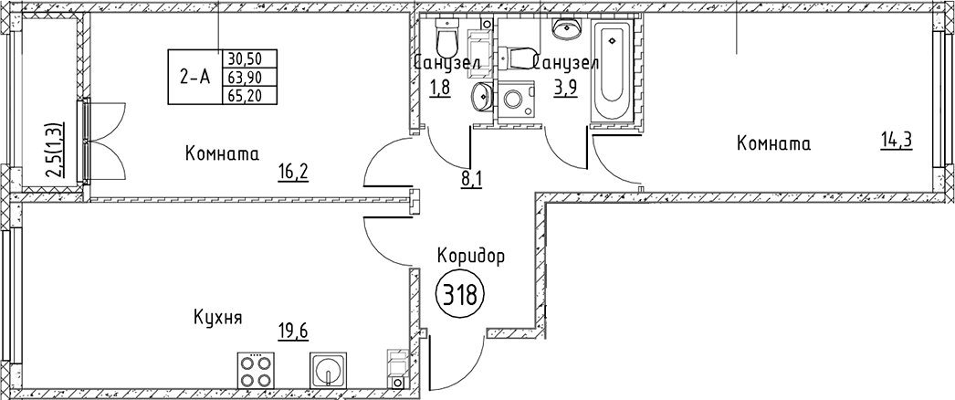 Планировка: Евротрёшка 63,9 м² в ЖК «Кронунг Юг»