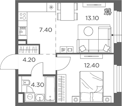 Планировка: Евродвушка 41,4 м² в ЖК «Белый Град»