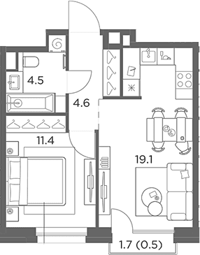 Планировка: Евродвушка 39,6 м² в ЖК «Станиславский»
