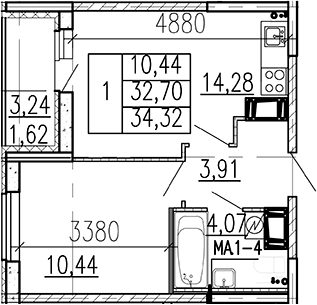 Планировка: 1-комнатная квартира 32,7 м² в ЖК «Высота. Бугры»