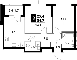 Планировка: 2-комнатная квартира 53 м² в ЖК «1-й Ясеневский»