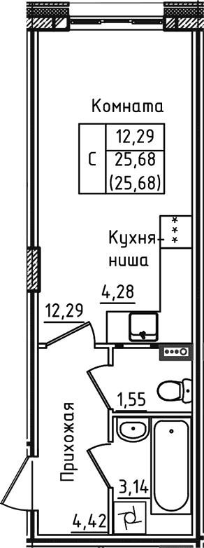 Планировка: Студия 25,7 м² в ЖК «Зеленый город»