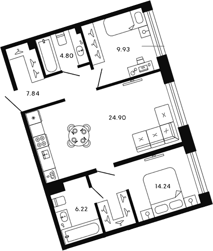 Планировка: Евротрёшка 67,9 м² в ЖК «17/33»