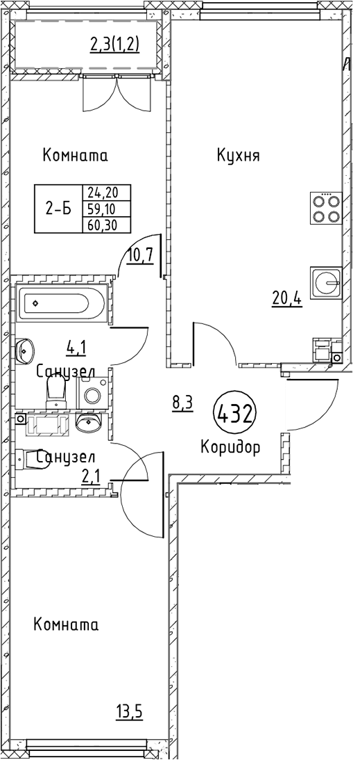 Планировка: Евротрёшка 59,1 м² в ЖК «Кронунг Юг»
