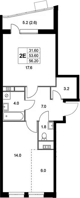 Планировка: Евродвушка 53,6 м² в ЖК «Легенда Коренево»