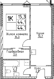 Планировка: 1-комнатная квартира 44,1 м² в ЖК «Наметкин Тауэр»