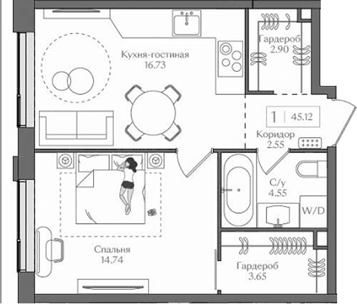 Планировка: Евродвушка 45,1 м² в ЖК «Преображенская площадь»