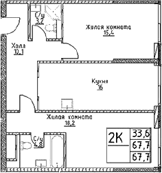 Планировка: 2-комнатная квартира 67,7 м² в ЖК «Наметкин Тауэр»