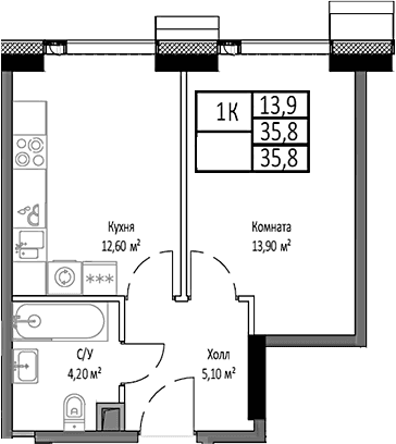 Планировка: 1-комнатная квартира 35,8 м² в ЖК «Мираполис»
