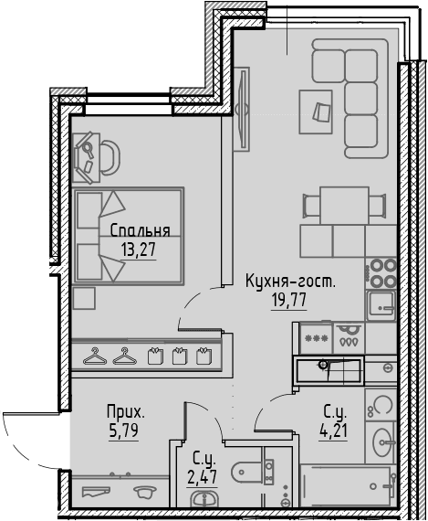 Планировка: Евродвушка 45,5 м² в ЖК «Сампсониевский, 32»