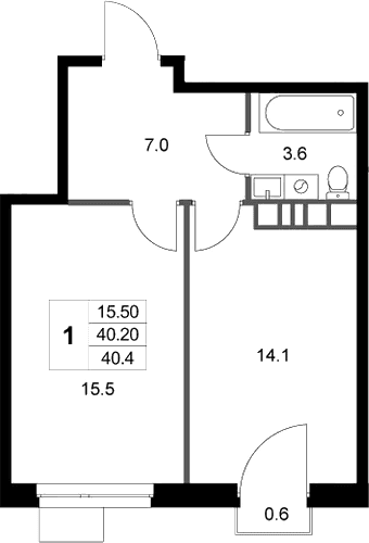 Планировка: 1-комнатная квартира 40,2 м² в ЖК «Легенда Марусино»
