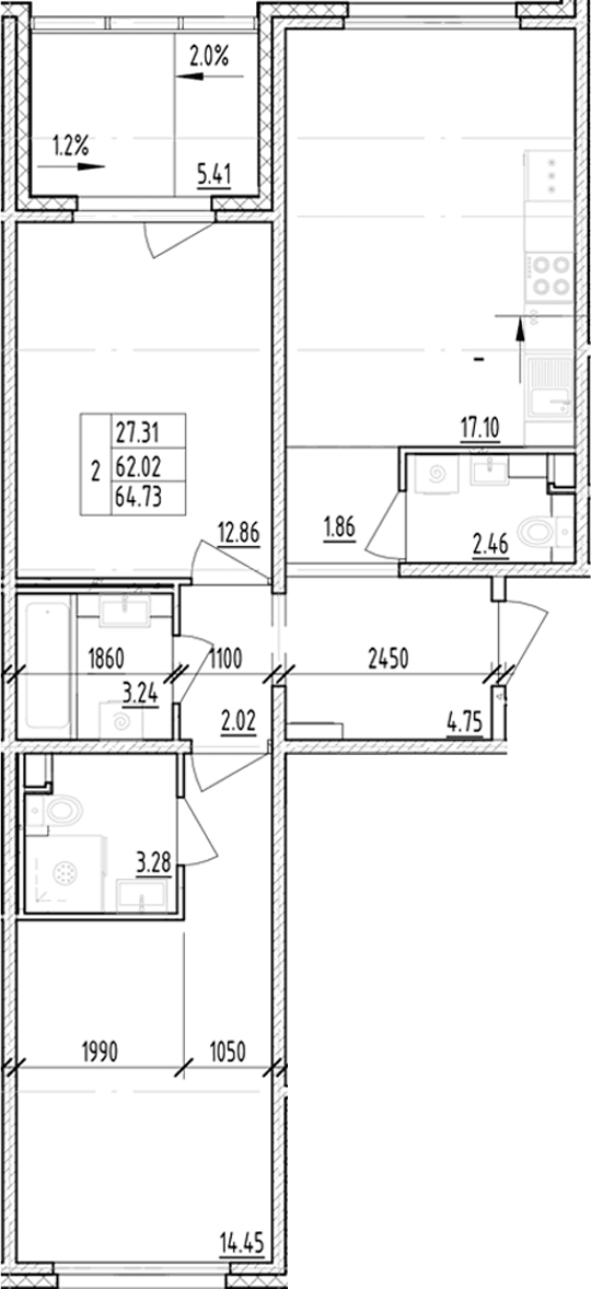 Планировка: 2-комнатная квартира 62 м² в ЖК «ЛесАрт»