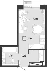 Планировка: Студия 21,9 м² в ЖК «Страна.Заречная»